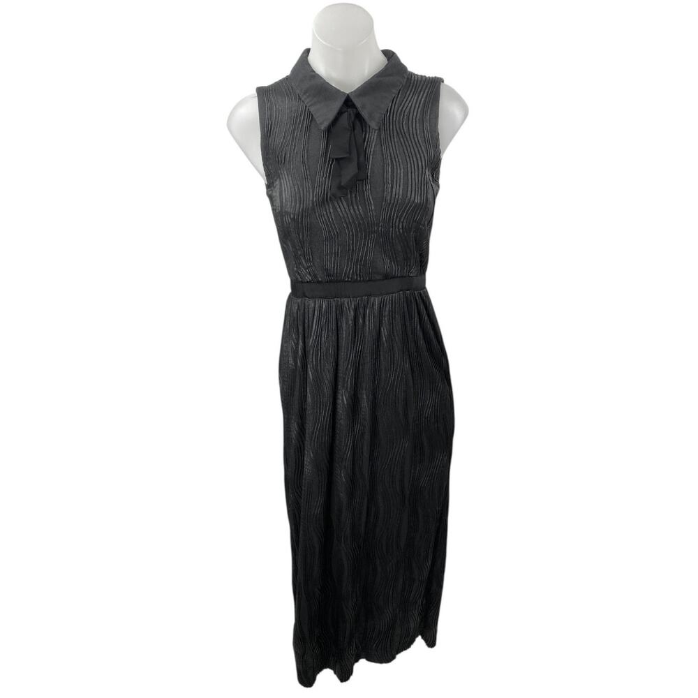 Hunter Bell Black Sleeveless Plisse Pleated Collared Bow Maxi Sheath Dress Sz 0